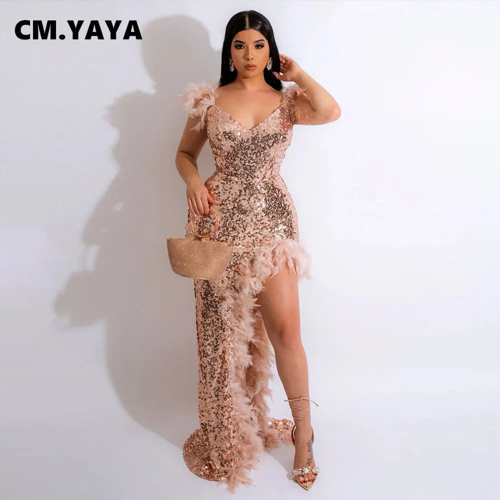 CM.YAYA Women Sequined Spaghetti Strap Feather Hem High Side Slit Mermaid Trumpet Bodycon Midi Evening Sexy Party Maxi Dresses - JN Fashion Fusion