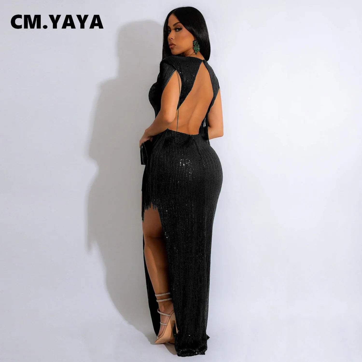 CM.YAYA Women Sequined Tassel Sleeve High Side Slit Midi Maxi Long Dress Autumn Winter Sexy Prom Party Evening Bodycon Dresses - JN Fashion Fusion