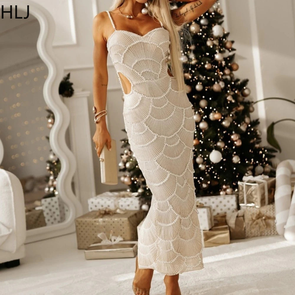 HLJ Sexy Sequin Hollow Bodycon Spaghetti Strap Evening Party Dresses Women Round Neck Sleeveless Slim Vestidos Fashion Clothing - JN Fashion Fusion