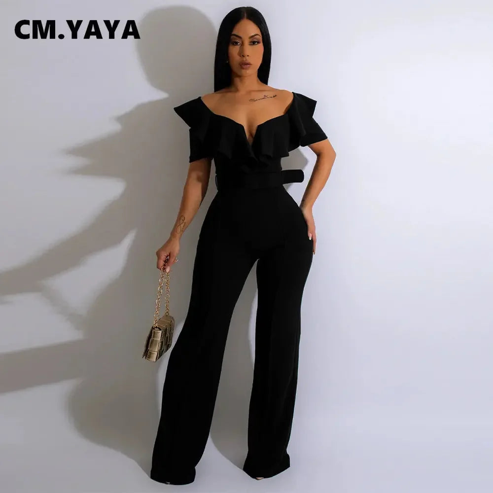 CM.YAYA Vintage Women Butterfly Sleeve Zipper Back Sashes High Waist Straight Wide Leg Jumpsuit 2023 Party Evening One Piece Set - JN Fashion Fusion