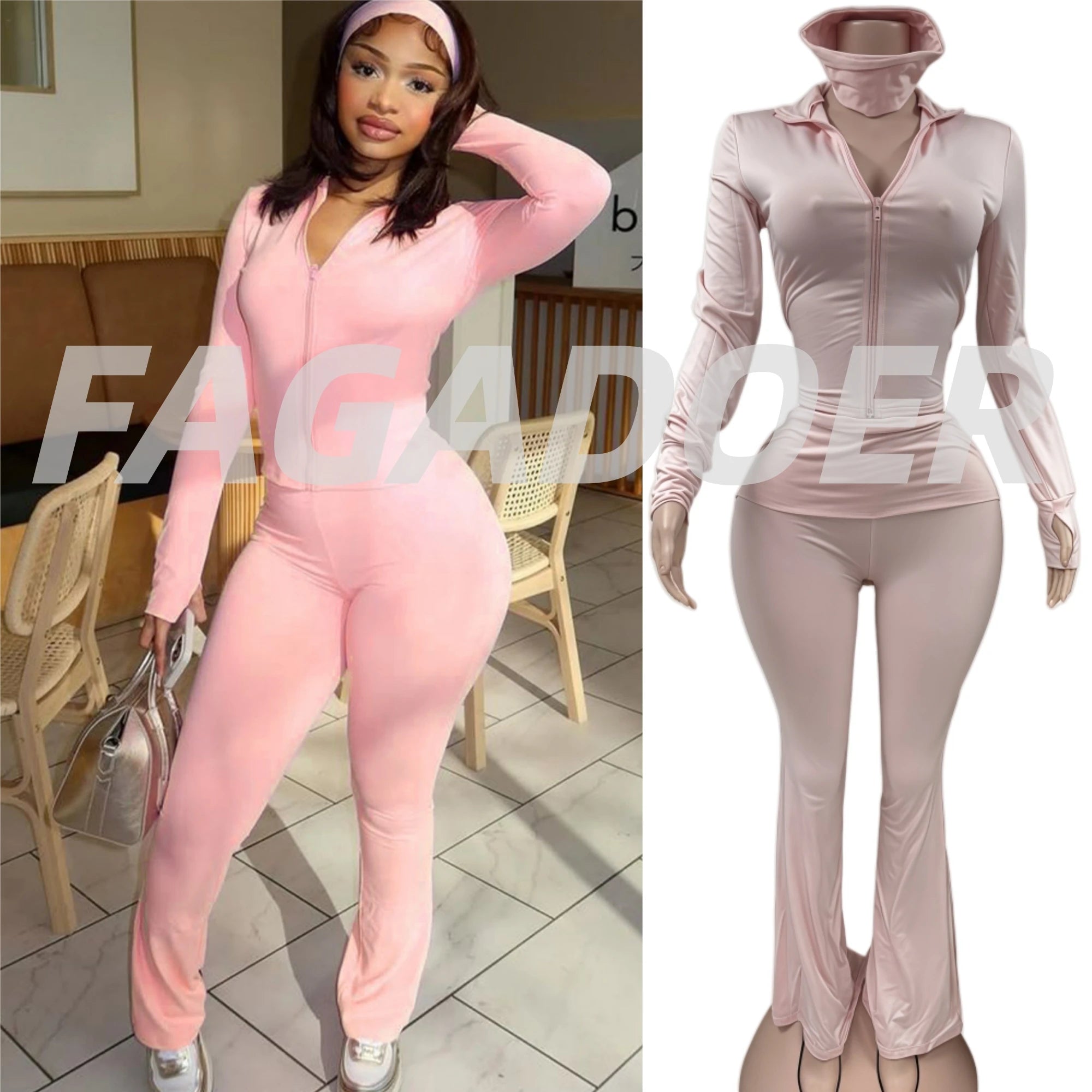 FAGADOER Casual Woman 3 Piece Set Outfit Solid Color Long Sleeves Crop Top + Flare Pants Matching Female Streetwear Clothing