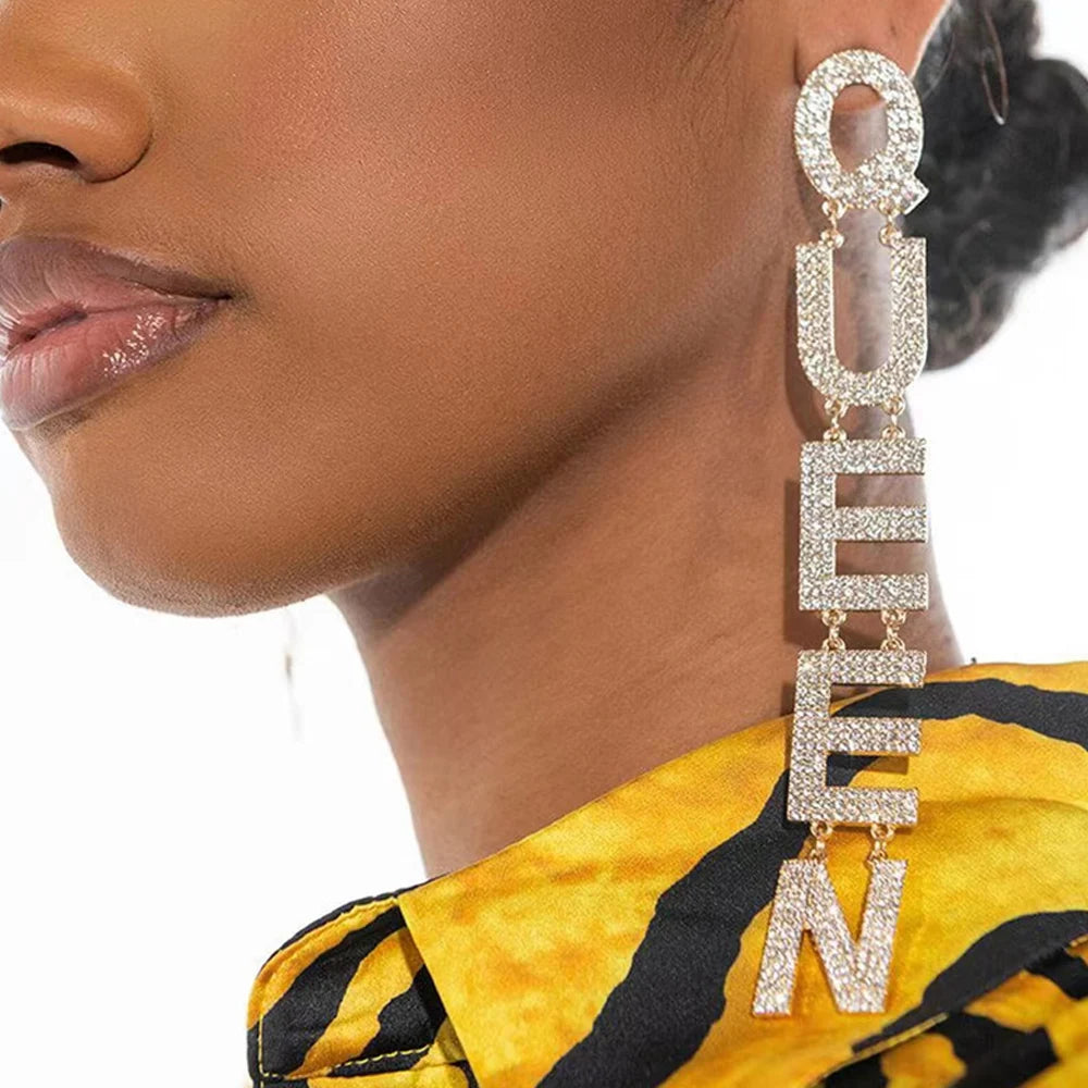 2022 Exaggerated Queen Rhinestone Earrings for Women Fashion Long Letters Pendant Earring Fashion Shiny Party Costume Jewelry - JN Fashion Fusion