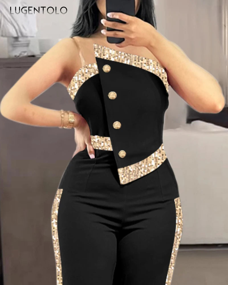 Women Contrast Sequin Jumpsuit Sexy Strapless Jumpsuits Lady Elegant Party 2025 Button Decor Casual Wide Leg Rompers - JN Fashion Fusion