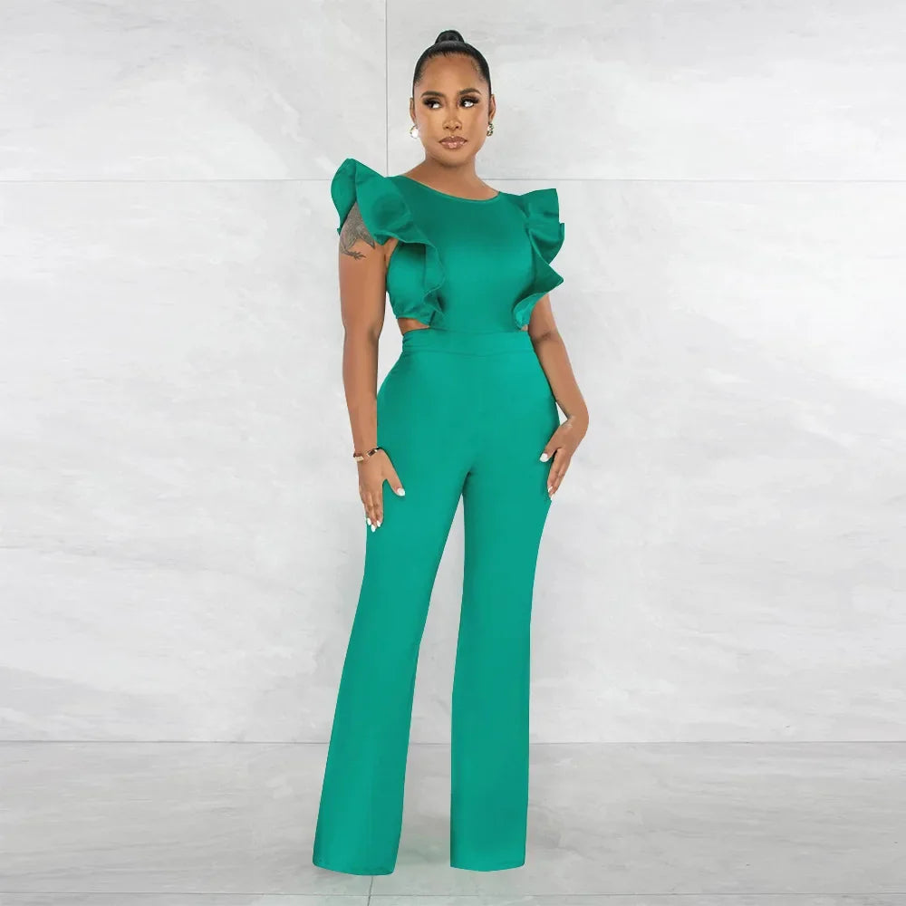 Solid Ruffled Sleeveless Jumpsuit Women Summer Rompers Bodysuits O Neck High Waist Wide Leg Pant Jumpsuit Streetwear Overalls - JN Fashion Fusion