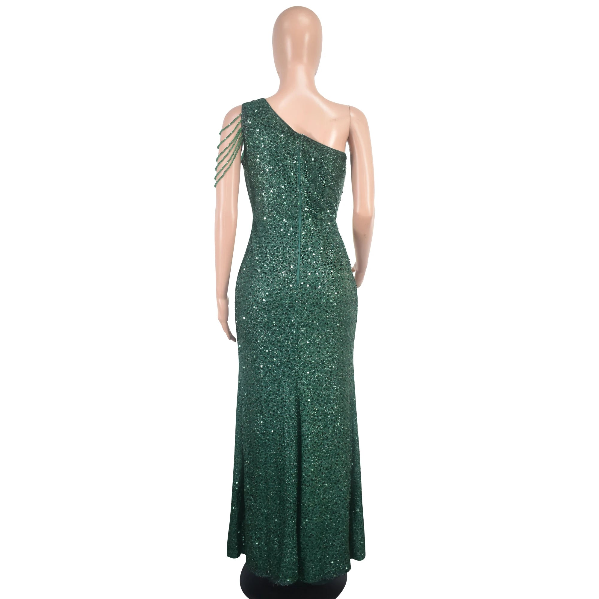 Summer New Women's Green One Shoulder Diagonal Neck Sequin Slim Fit Split Dress Long Prom Evening Dress Sexy Party Dress