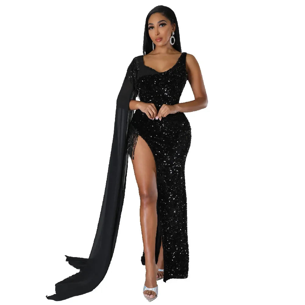 Fashionable Long Skirt Evening Dress Sexy Hip-hugging Glittering Fringed Sleeveless Birthday Party Dress For Women