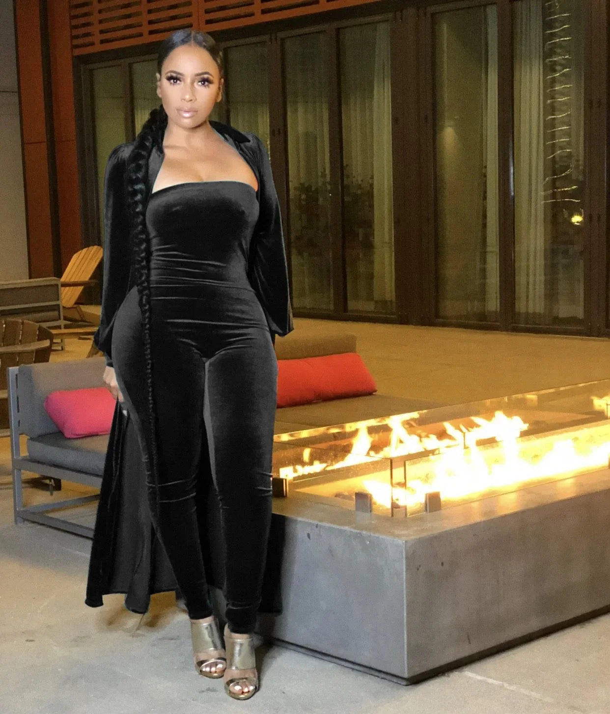 CM.YAYA Vintage Velvet Two 2 Piece Set Outfits for Women Long Sleeve Maxi Cardigan + Strapless Jumpsuit Suit INS 2022 Tracksuit