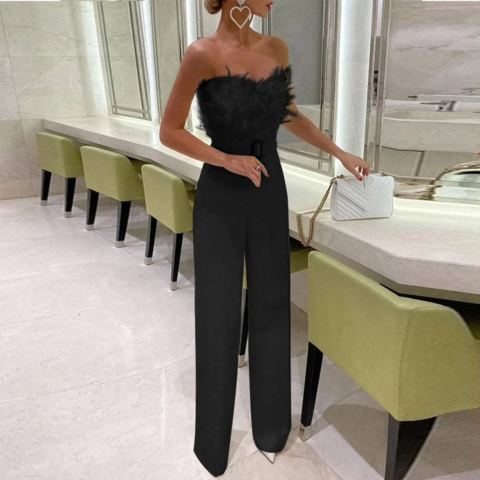 Women Jumpsuit Feather Tube Top Sexy Evening Party Jump Suits Sleeveless High-waisted Straight Playsuits Night Clubwear Overalls - JN Fashion Fusion
