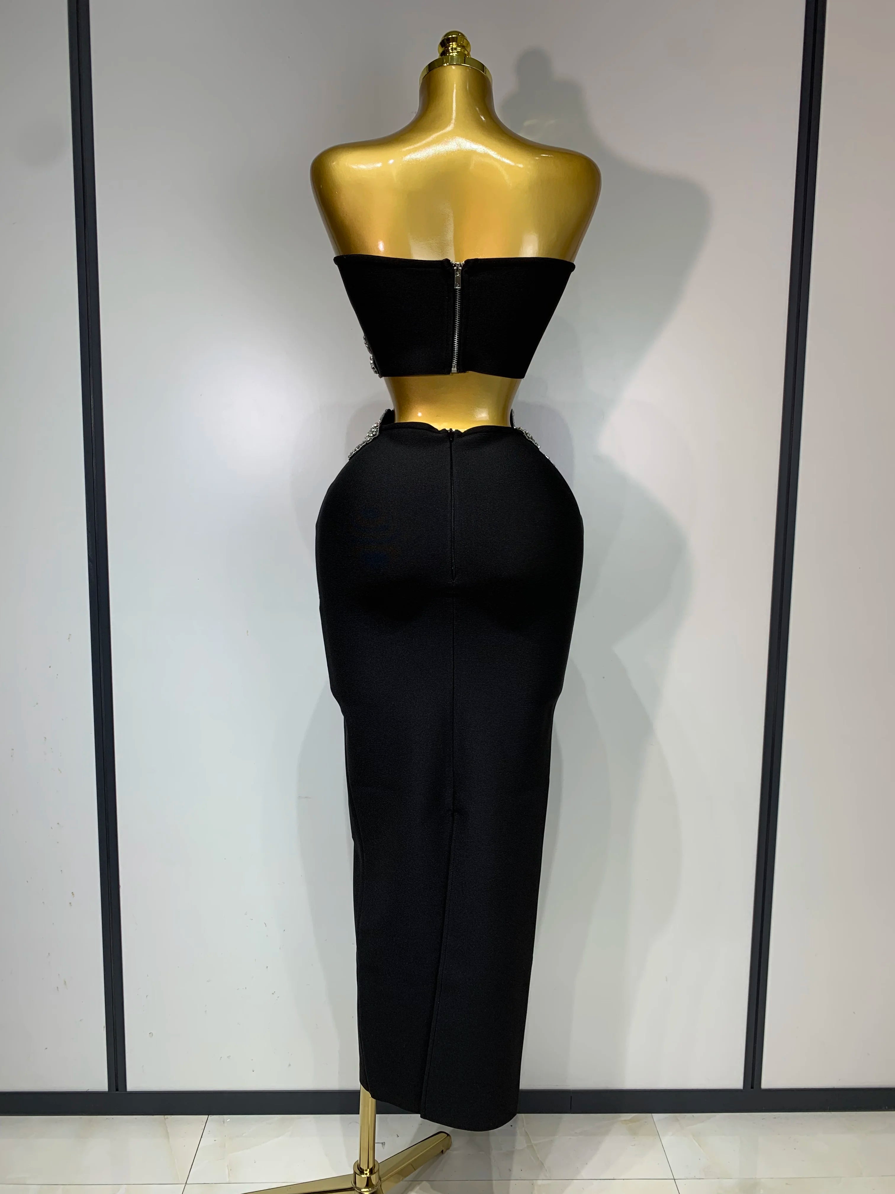 Women Sexy Strapless Flower Diamonds Black Maxi Long Bandage Two Piece Set 2025 Knitted Elegant Evening Club Party Prom Gowns - JN Fashion Fusion