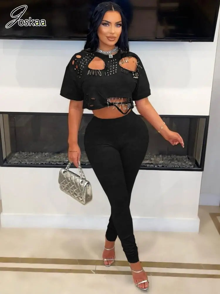 Joskaa Elegant 2 Piece Set Women Sexy Hollow Pin Short Sleeve Crop Tops and Pencil Pants Matching 2025 Summer Party Club Outfits - JN Fashion Fusion