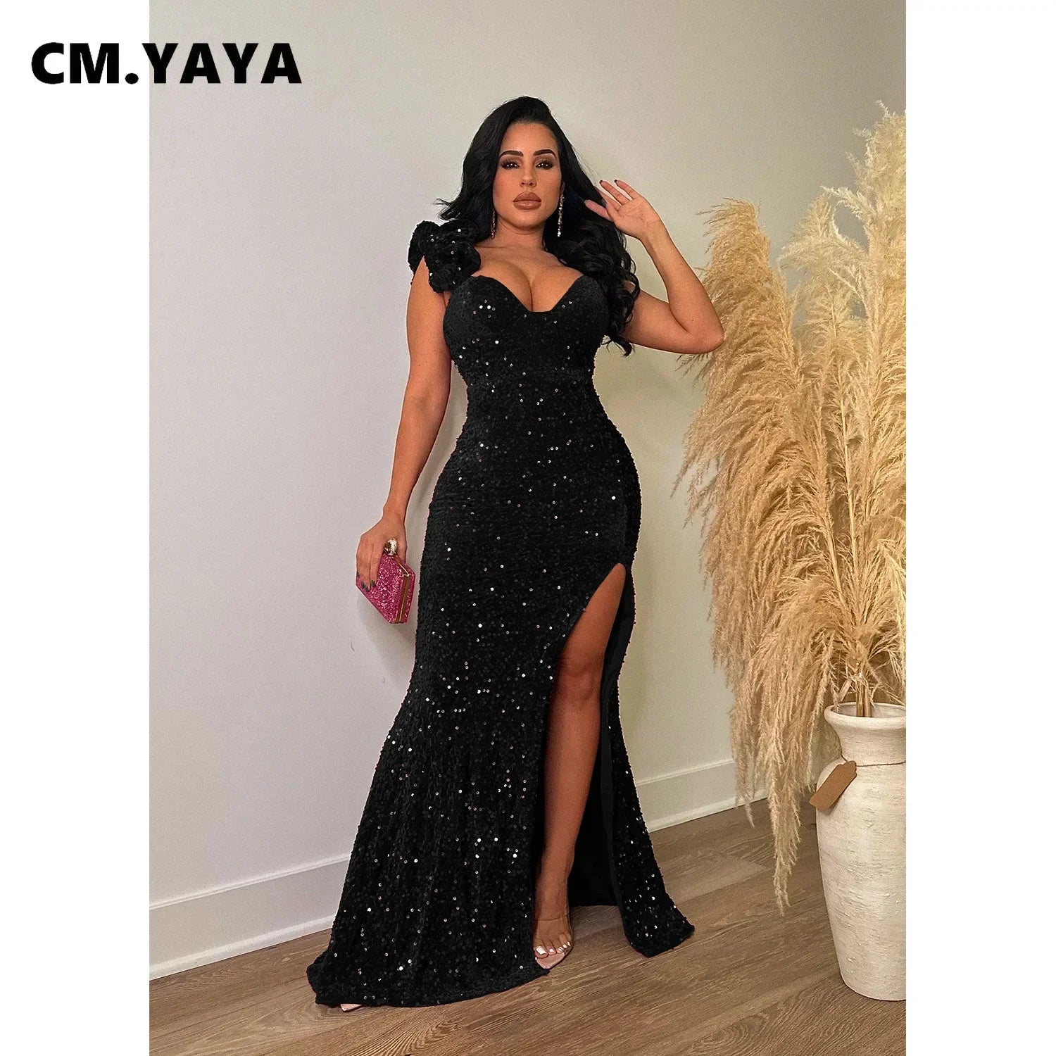 CM.YAYA Women One Shoulder Open Back Sequined High Side Split Mermaid Maxi Dress 2023 Sexy Club Evening Party Dresses Vestidos - JN Fashion Fusion