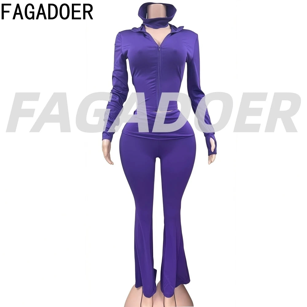 FAGADOER Casual Woman 3 Piece Set Outfit Solid Color Long Sleeves Crop Top + Flare Pants Matching Female Streetwear Clothing