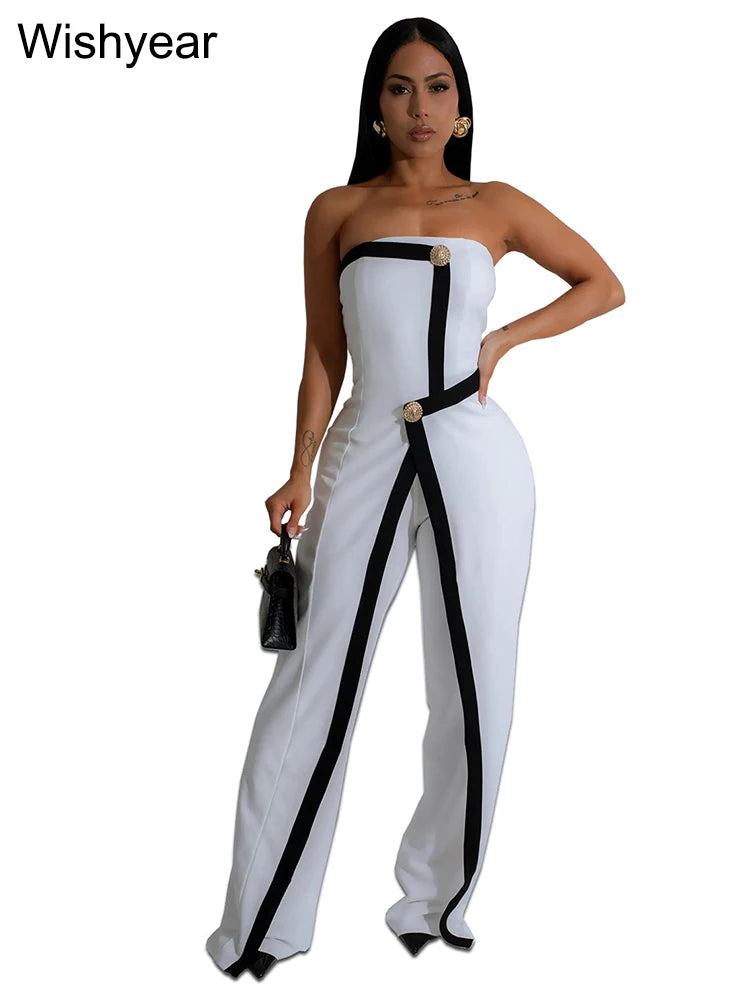 Wishyear Irregular Off Shoulder Sleeveless Strapless Jumpsuits Women Button Patchwork Wide Leg Pants Evening One Piece Outfits - JN Fashion Fusion
