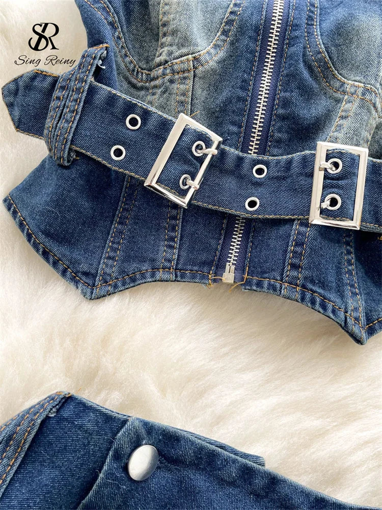 SINGREINY Sexy Vintage Denim Sets Strapless Zipper Backless Belt Mini Top+High Waist Bodycon Skirt Women Summer Fashion Suits - JN Fashion Fusion
