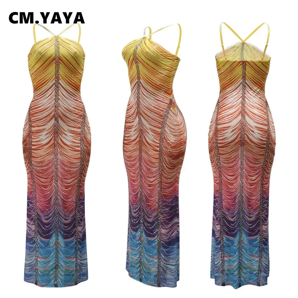 CM.YAYA 2024 Beach Tie Dye Print Diamonds Strap Halter Women's Long Dress Sexy Night Party Sleeveless Bodycon Pencil Dresses - JN Fashion Fusion