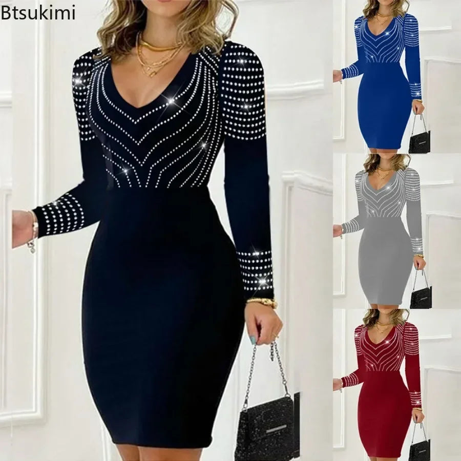2026Women's Sexy Autumn Winter Dress Solid Rhinestone Decor Long Sleeve Party Dress Elegant Bodycon Mini Skinny Dresses Vestidos