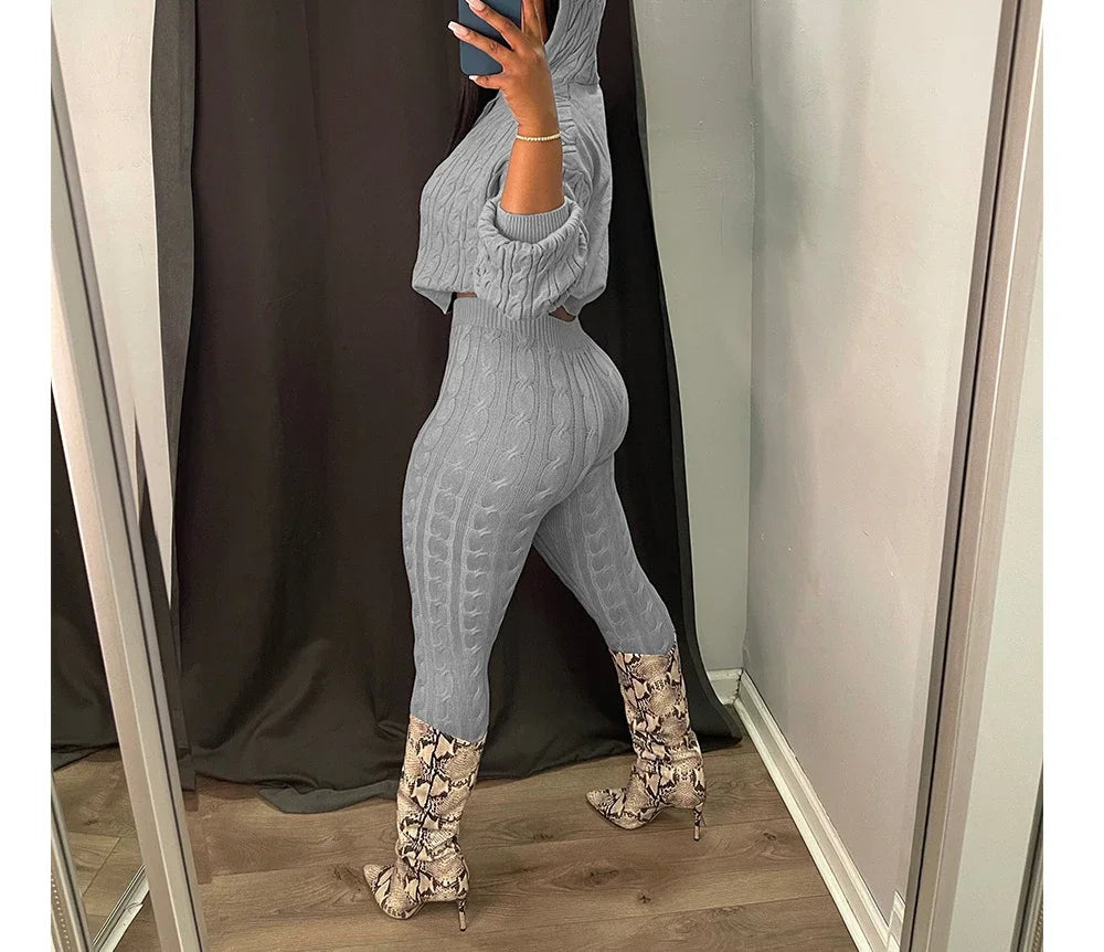 2 Piece Sets Womens Outfits Fashion Long Sleeve Cable Knit Hooded Sweater & Pants Suit Streetwear 2024 Autumn Winter Casual New