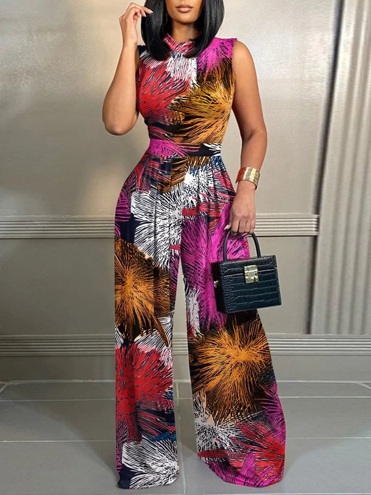 Elegant Women Stand Neck Slim Long Sleeve Bodysuits Fall/winter Fashion Print Wide Leg Rompers Casual Waist Jumpsuits Streetwear - JN Fashion Fusion