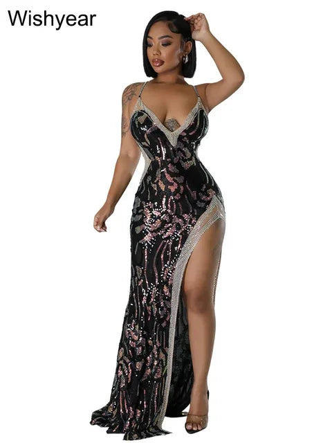 New Sequin Glitter Rhie Birthdy Party Long Dress Women's Spaghetti Straps High Split Wedding Evening Prom Celebrity