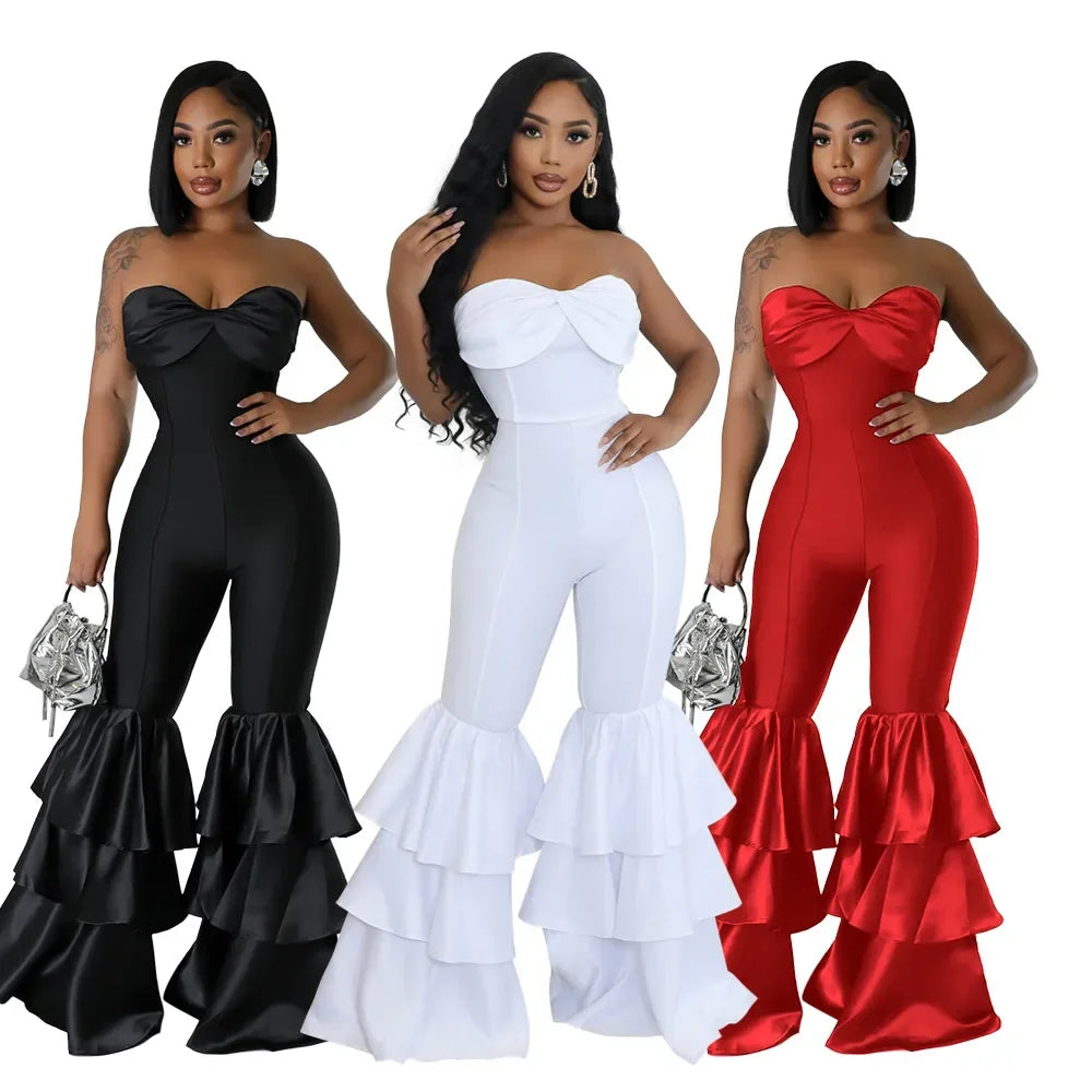 Jumpsuits Strapless Women Sleeveless Sexy Rompers One Piece Overalls Slim Fit Long Pant Ruffles Patchwork Elegant Lady - JN Fashion Fusion