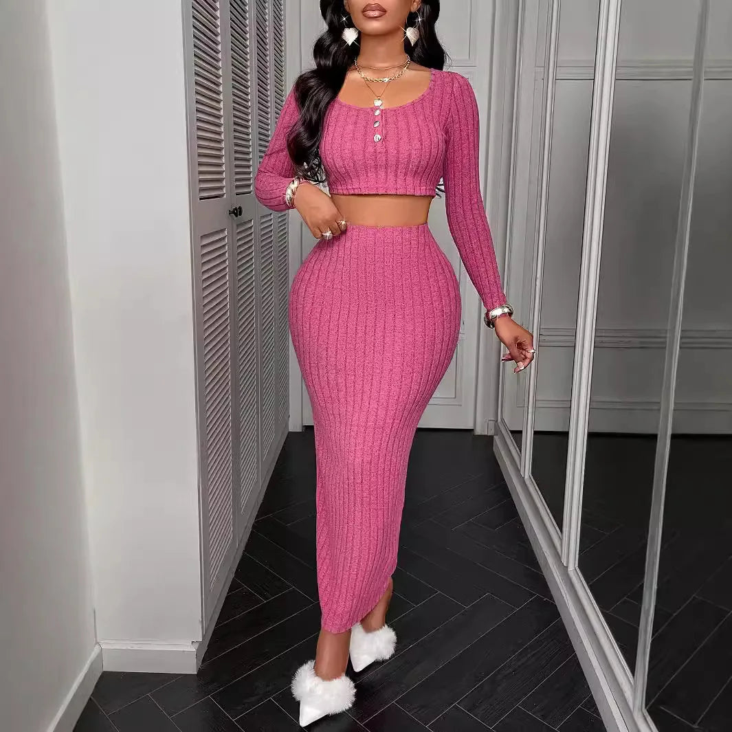 Two Piece Sets Women Skirt Set Full Sleeve Dress Sets Sexy U Neck Bodycon Short Tops Long Skirts Elegant Splice High Waist - JN Fashion Fusion
