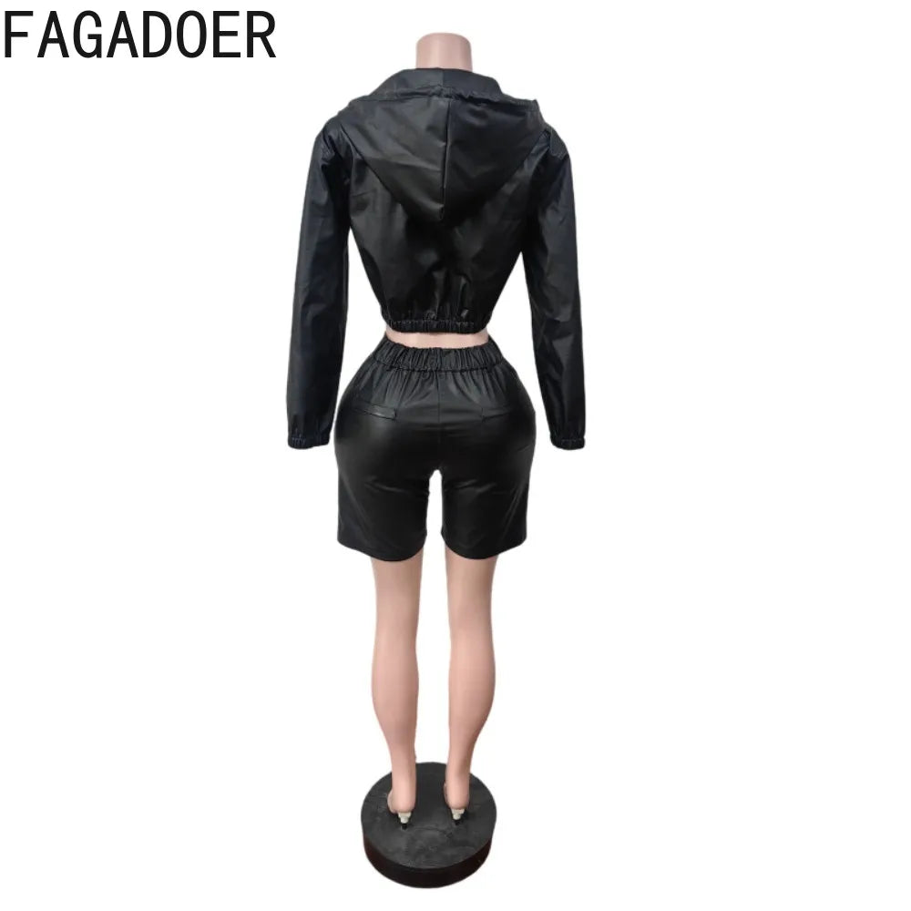 FAGADOER Sexy Leather Patchwork 2 Pieces Set for Woman Outfit Solid Long Sleeves Hooded Crop Top + Shorts Female Streetwear New