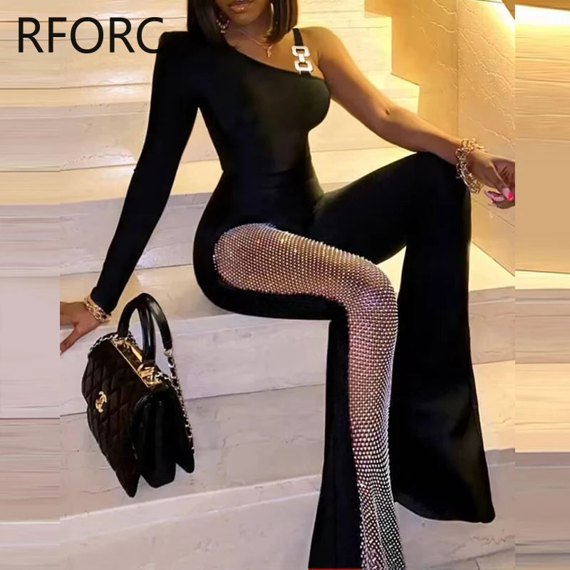 2023 Women Solid One Shoulder Long Sleeves Patchwork Working Formal Jumpsuits - JN Fashion Fusion