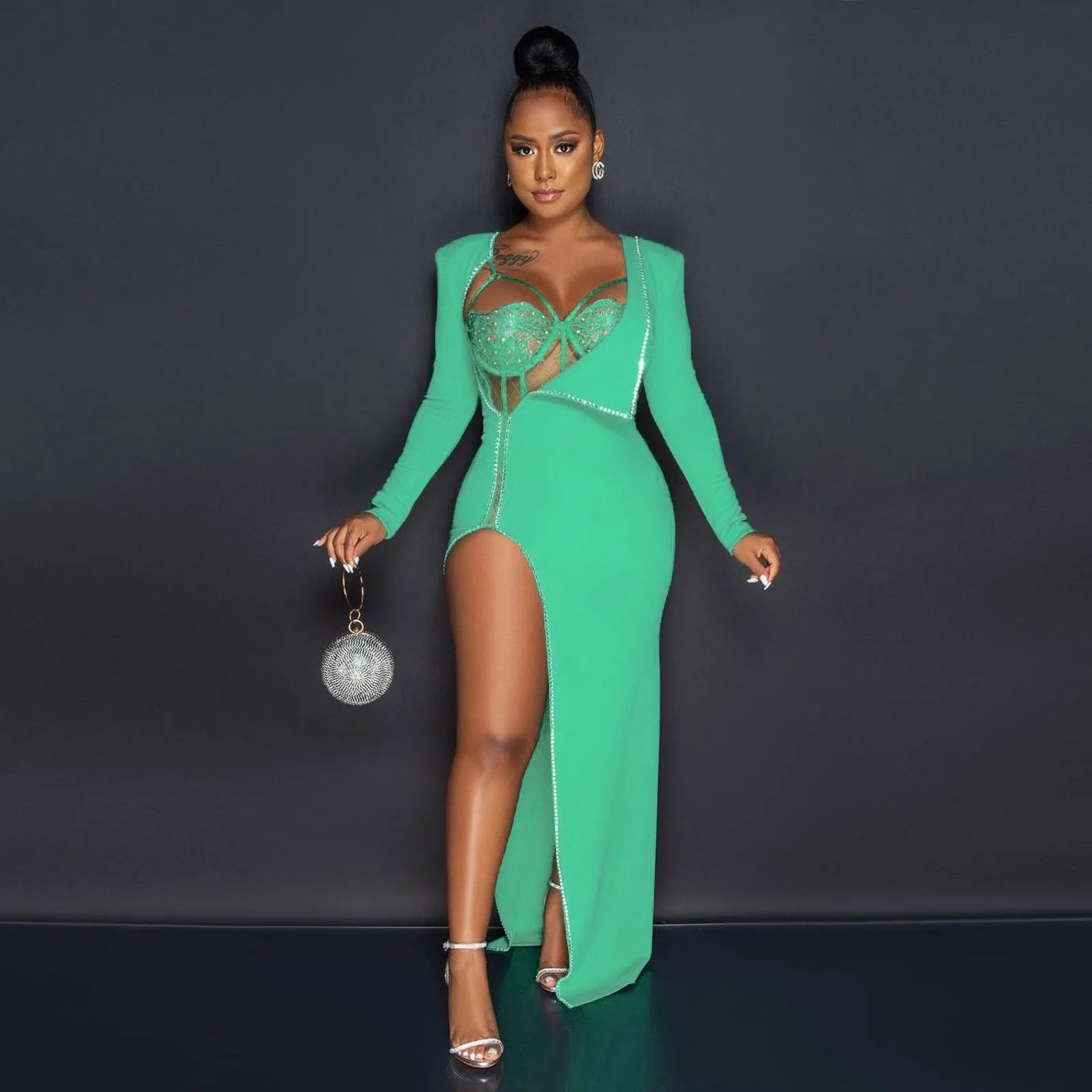 Sexy Women's High Slit Sequin Dress with Bra & Diamond Detailing - JN Fashion Fusion