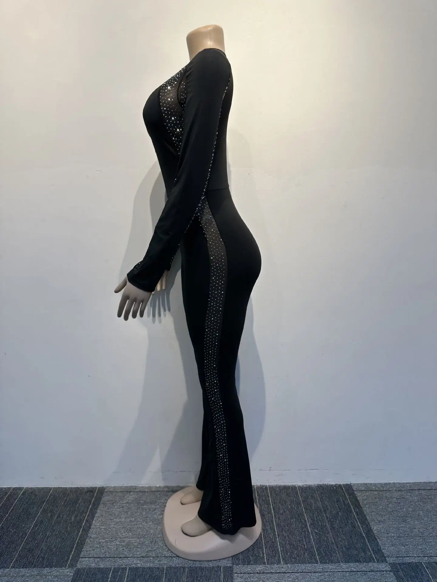Bodycon Sexy Jumpsuit for Women 2024 Spring Round Neck Long Sleeve Sheer Mesh Patch Rhinestone Wrap Hip Flare Pants Jumpsuit