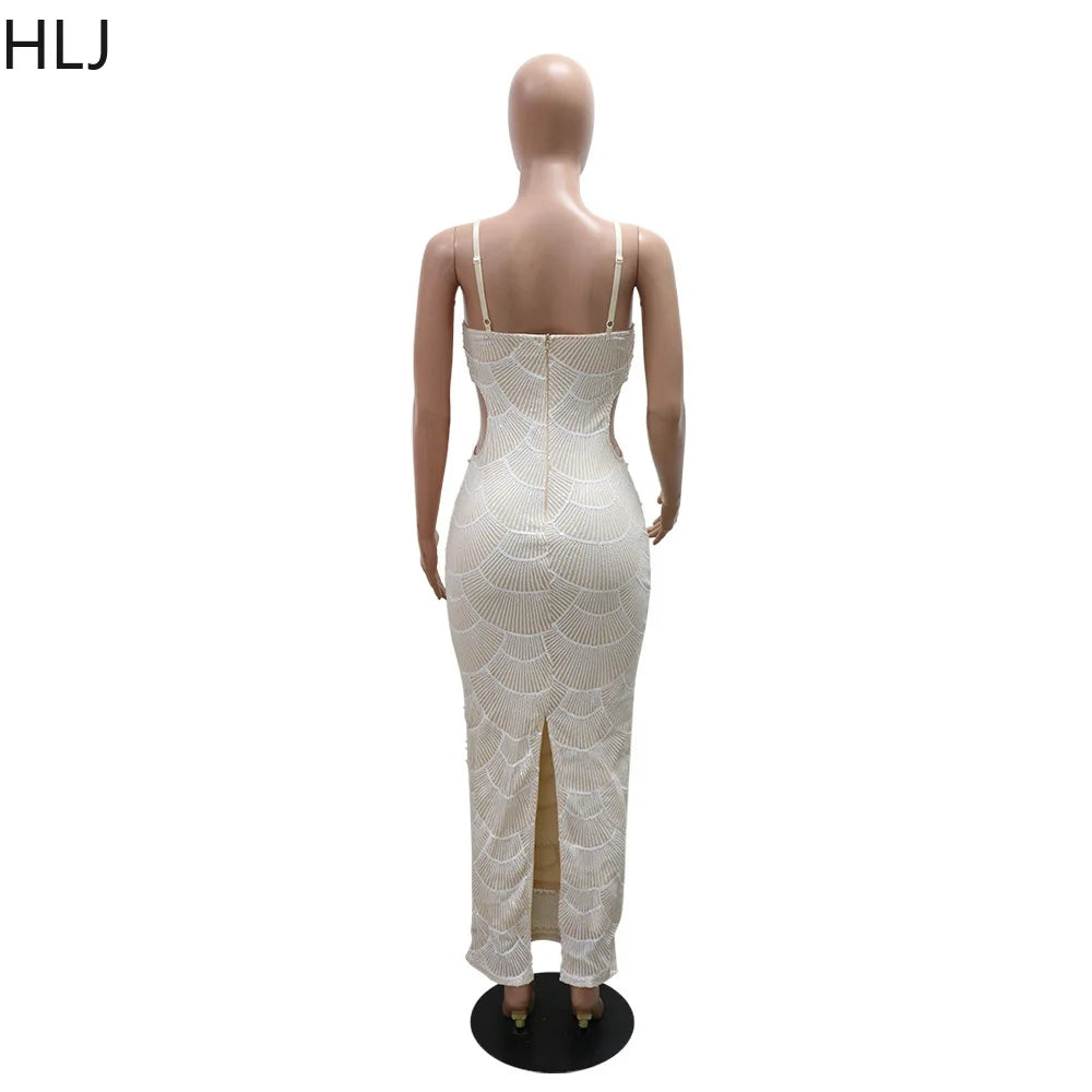 HLJ Sexy Sequin Hollow Bodycon Spaghetti Strap Evening Party Dresses Women Round Neck Sleeveless Slim Vestidos Fashion Clothing - JN Fashion Fusion