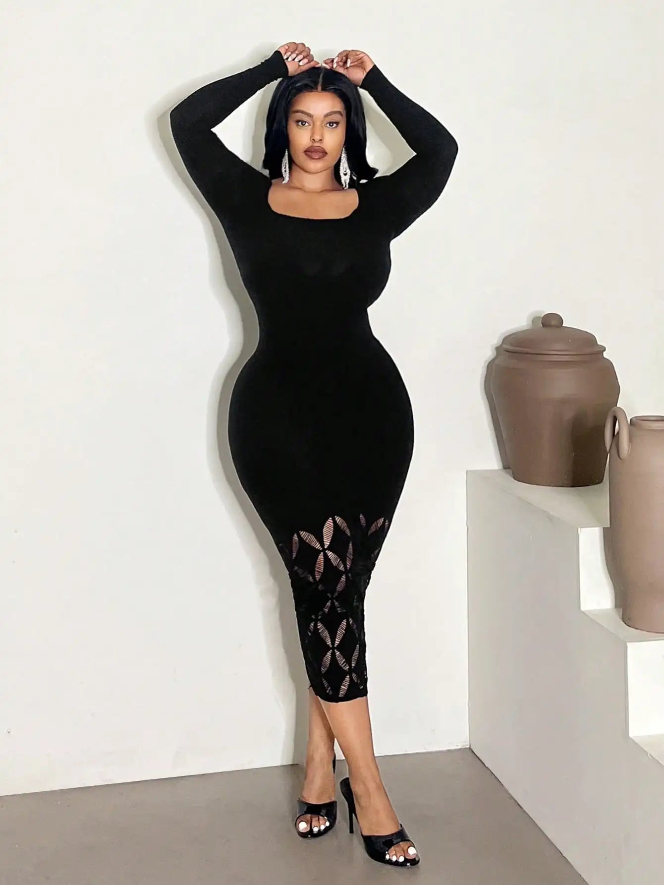 Women' Sexy Dress Solid Color Long sleeve Hollow Out Breathable Bodycon Night Club Dress - JN Fashion Fusion
