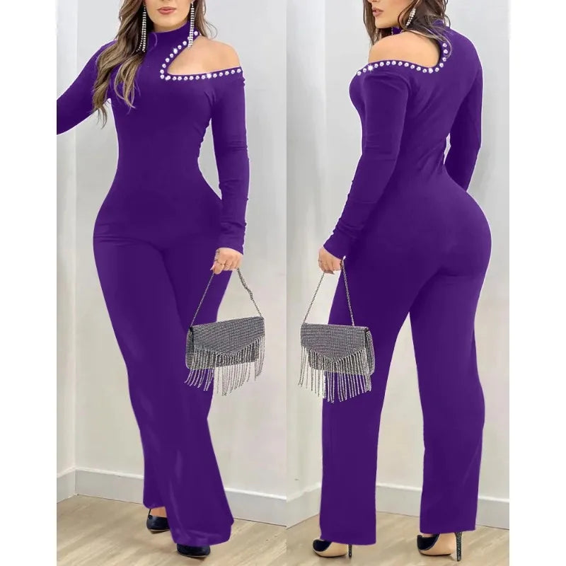 Rhinestone Jumpsuits Women Cold Shoulder High Neck High Waist Rompers Jumpsuit Long Sleeve Slim Fit Flared Pants Jumpsuit