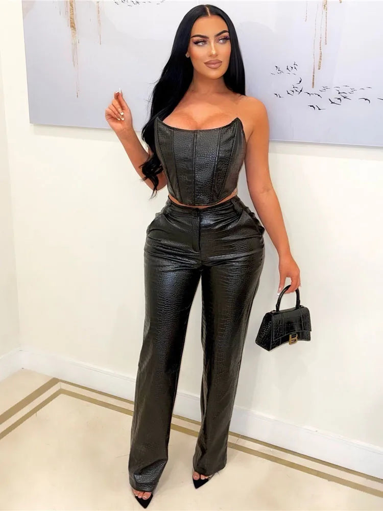 HBLL Women's Green Corset Cut-Out Cargo Sexy Sleeveless Jumpsuits PU Leather Matching Set Sexy Clubwear 2 Piece Outfits