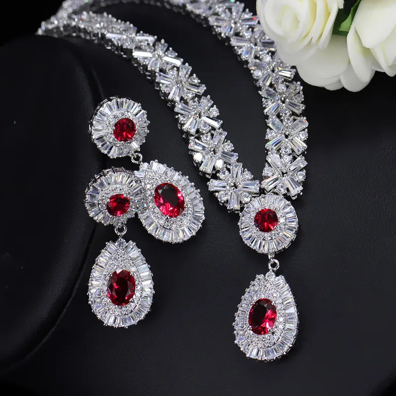 ThreeGraces Luxurious Blue Cubic Zirconia Stone Silver Color Large Bridal Wedding Earrings Necklace Jewelry Set for Women TZ775 - JN Fashion Fusion