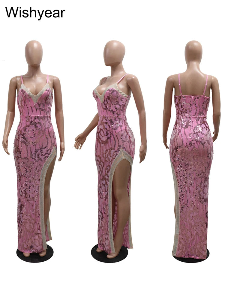 New Sequin Glitter Rhie Birthdy Party Long Dress Women's Spaghetti Straps High Split Wedding Evening Prom Celebrity