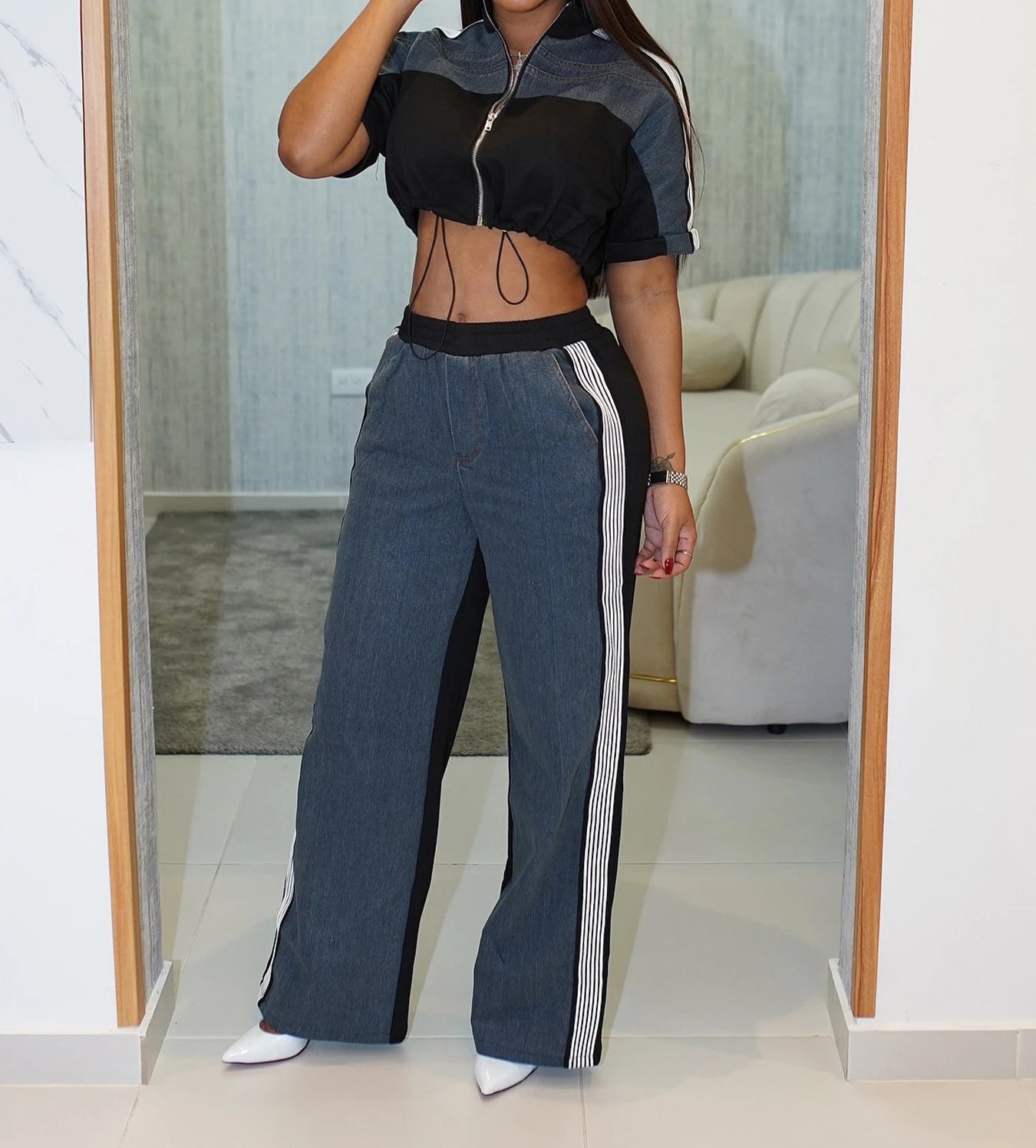 CM.YAYA Women Set Short Sleeve Jackets tops + Denim Patchwork Pant Suits 2025 Two 2 Piece Sets Sporty Tracksuits Street Outfits - JN Fashion Fusion