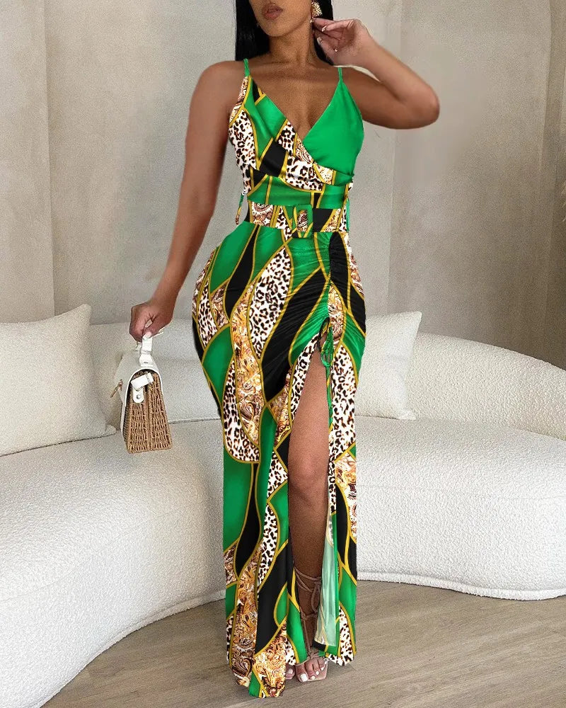 New 2023 Spring Summer Women's Strap Dress Casual Fashion Print V-neck Strap Slim Fit Sexy Split Drawstring Women's Strap Dress - JN Fashion Fusion