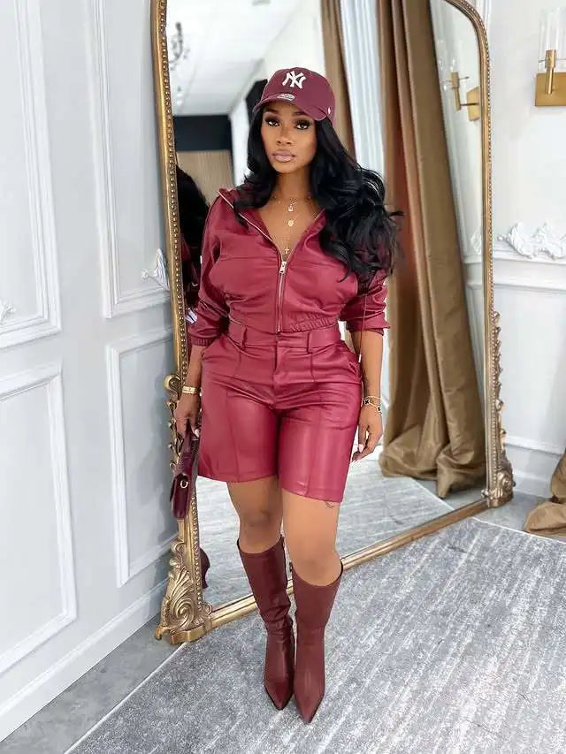 FAGADOER Sexy Leather Patchwork 2 Pieces Set for Woman Outfit Solid Long Sleeves Hooded Crop Top + Shorts Female Streetwear New