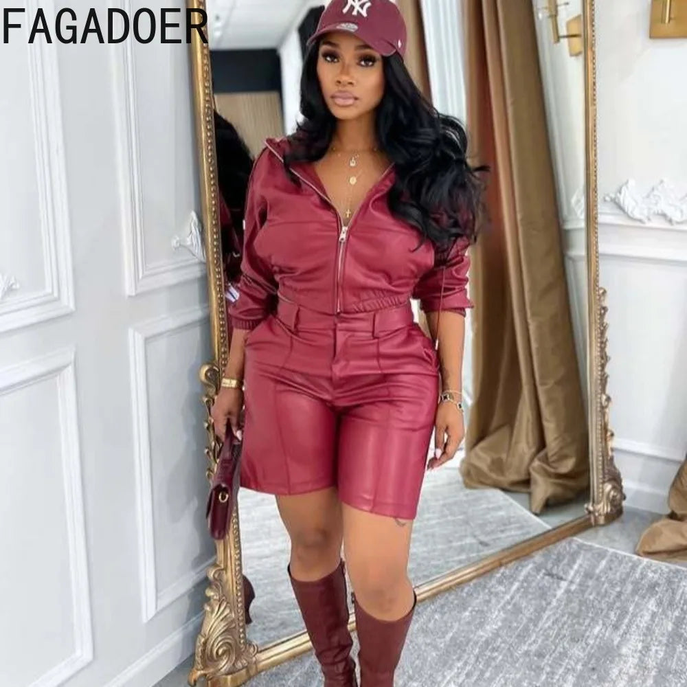 FAGADOER Sexy Leather Patchwork 2 Pieces Set for Woman Outfit Solid Long Sleeves Hooded Crop Top + Shorts Female Streetwear New