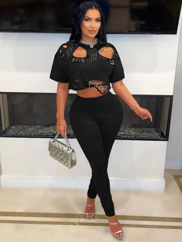 Joskaa Elegant 2 Piece Set Women Sexy Hollow Pin Short Sleeve Crop Tops and Pencil Pants Matching 2025 Summer Party Club Outfits - JN Fashion Fusion