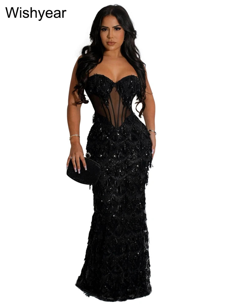 Wishyear Sexy Nightclub Birthday Even Party Dresses for Women Sequined Spaghetti Stap Mesh Patchwork Tunic Bodycon Maxi Vestidos - JN Fashion Fusion