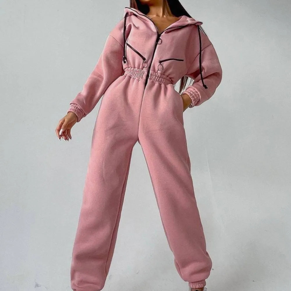 Casual Hooded Sweatshirt Women's Jumpsuits New Autumn And Winter Warm Half Zipper Slim Waist Trotter Female Sports Rompers 2025 - JN Fashion Fusion