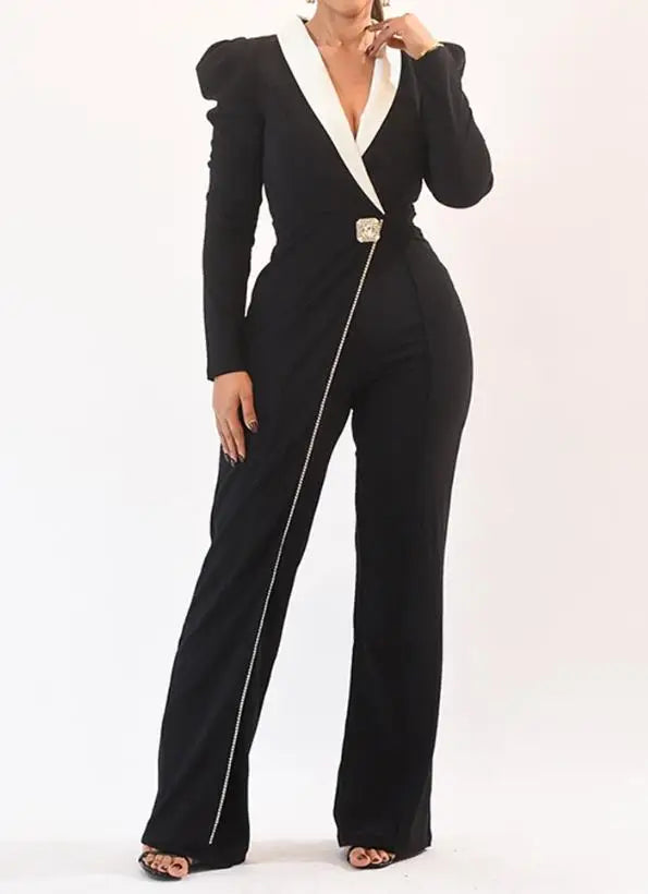 Jumpsuit Women 2026 Spring Colorblock Long Puff Sleeve Jumpsuit with Shawl Collar Casual Faux Two Piece Button Details Romper