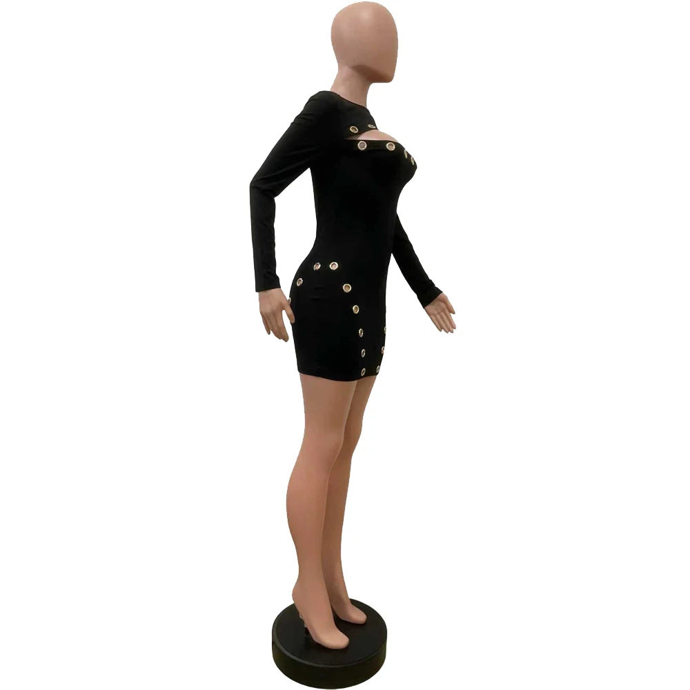 Sexy Metal Hollow Out Black Dress 2025 Fall Fashion Women Long Sleeve Bodycon Dress Elegant Party Birthday Mini Short Dresses - JN Fashion Fusion
