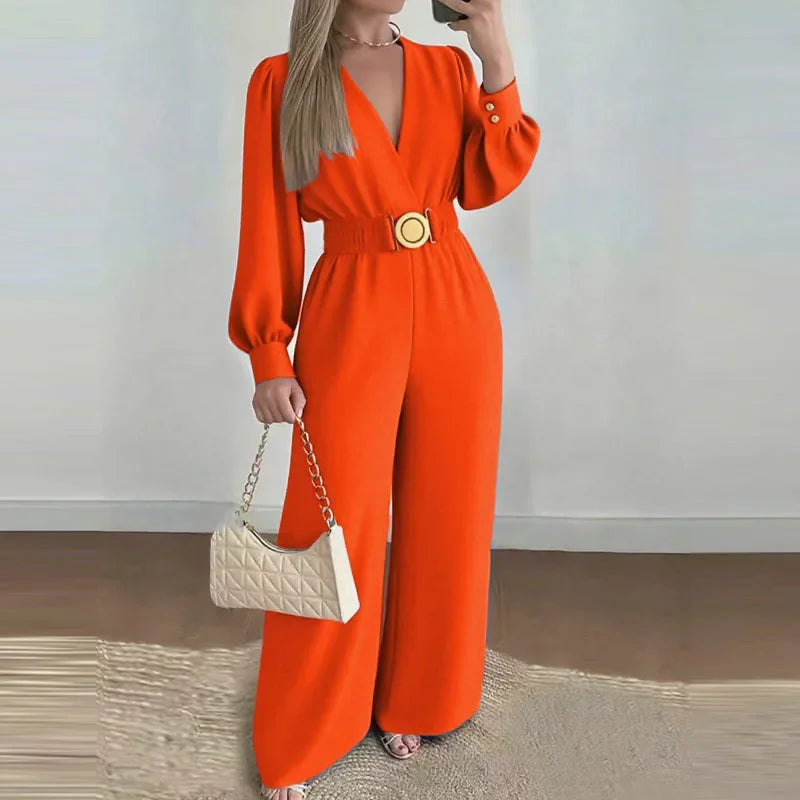 Autumn Elegant V-neck Solid Long Jumpsuits Fashion Commuting Belt Lace-Up Wide Legger Romper Casual Long Sleeve Women's Playsuit - JN Fashion Fusion