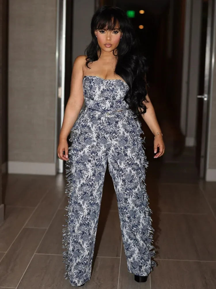 Floral Print Two Piece Set for Women Clothing Outfit Sets Y2K Birthday Party Strapless Crop Top and Side Tassel Wide Leg Pants - JN Fashion Fusion