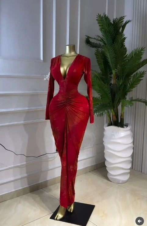 GLCMYAYA Women Printed Deep V-neck Stacked Ruched Bodycon Midi Maxi Dress 2026 Birthday Holiday Party Trendy Dresses Vestidos