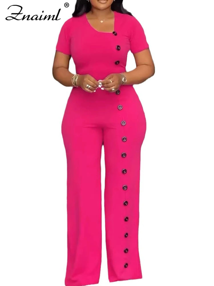 Znaiml Women Elegant Long Jumpsuits for Party Summer Short Sleeve Buttons Solid Color Wide Leg Pants Rompers One Pieces Overalls - JN Fashion Fusion