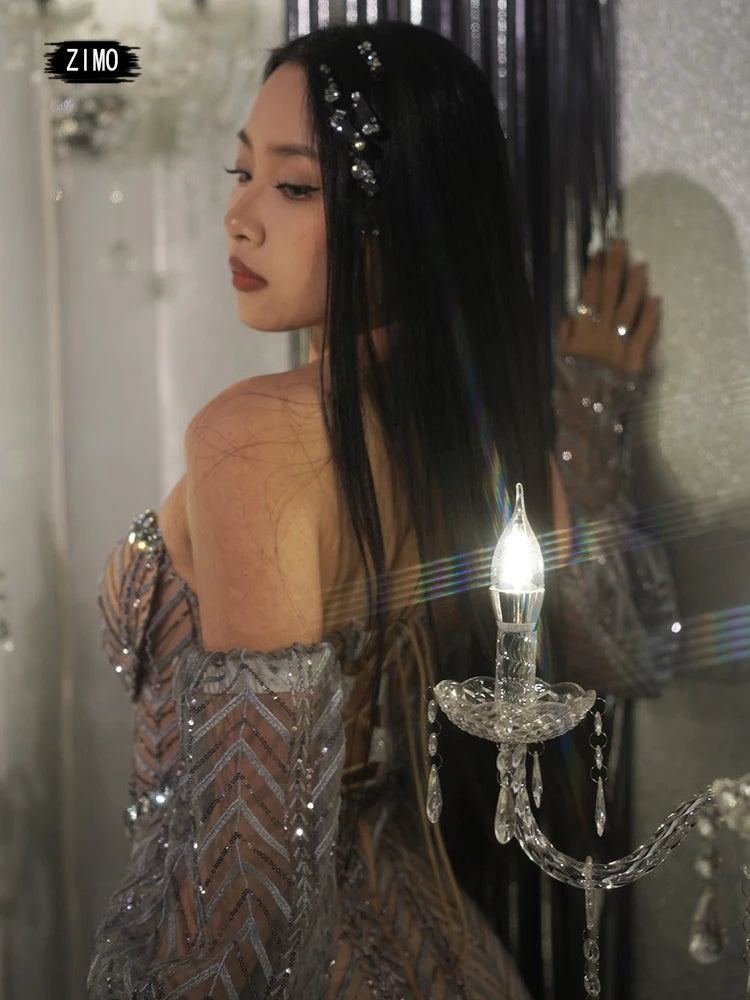 fashion glitter rhinestones sequin dress arm sleeves sexy mesh See through party wedding birthday Evening drag queen costumes
