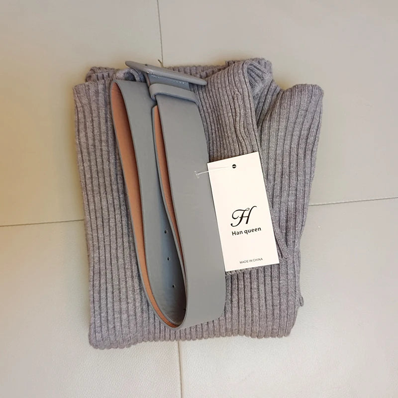 H Han Queen Knitted Turtleneck Sweater Bodycon Dress Bottoming Women Soft Elastic Autumn Winter Midi Party Dresses With Belt - JN Fashion Fusion
